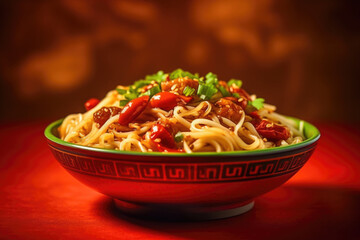 Asian Culinary Adventure. Embark on a gastronomic journey with a tantalizing bowl of Chinese food, featuring savory noodles, photographed against a vibrant red backdrop AI Generative
