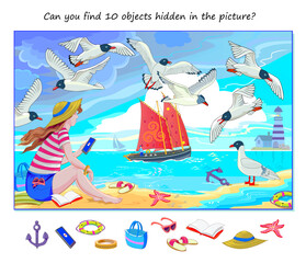 Can you find 10 objects hidden in the picture? Logic puzzle game for children and adults. Girl is sitting on the seashore. Educational page. Play online. Task for attentiveness. Vector cartoon image.