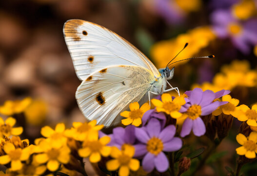 a white butterfly eating some flowers in the spring