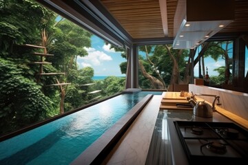 Fototapeta premium extreme close small kitchen with pool in the resort