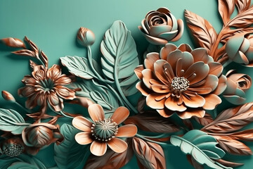 Composition of mint beige artificial flowers on a mint background. Generative AI