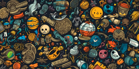 Obraz premium School Kids poster with random items, Wide variety of school related items, style of hand-drawn, abstraction, miscellaneous academia. Generative Ai Illustration. 