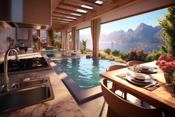 Obraz premium extreme close small kitchen with pool in the resort