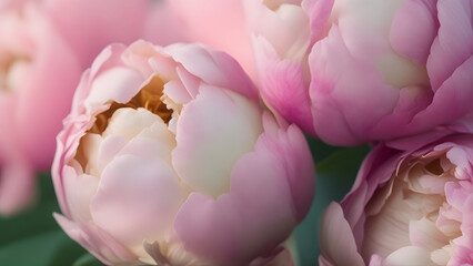 The delicate beauty and elegance of blooming peonies in a close-up shot, showcasing their intricate petals and vibrant colors with a macro lens, during the soft light of early morning. Generative AI.