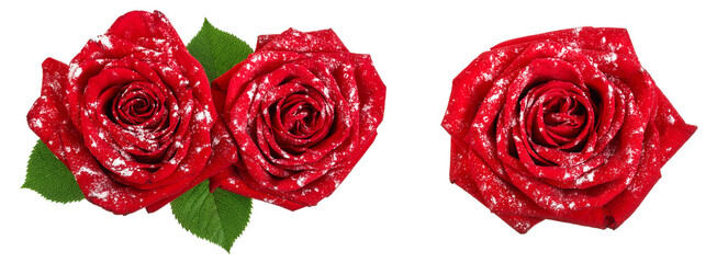 Fototapeta premium beautiful red rose in powdered sugar with leaf isolated on white background
