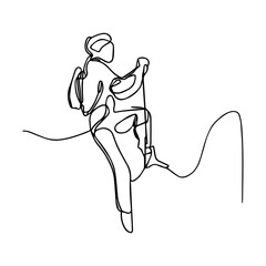 Fototapeta premium Vector one line illustration. Woman rock climber climbs the mountain.