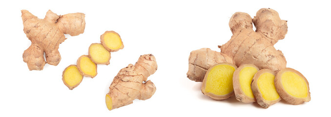 fresh Ginger root and slice isolated on white background with copy space for your text. Top view. Flat lay