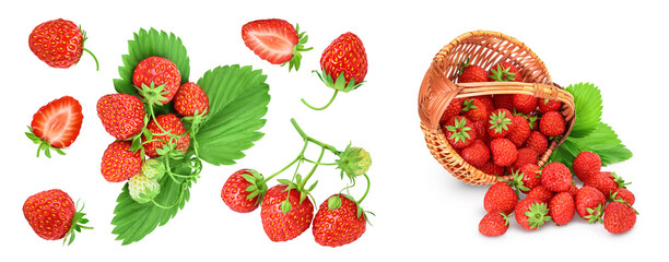Strawberries decorated with green leaves isolated on white background. Top view. Flat lay pattern