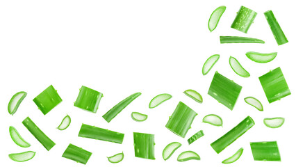 Aloe vera sliced isolated on white background. Top view. Flat lay.