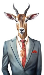Impala dressed in a suit like a businessman, isolated on white (generative AI)