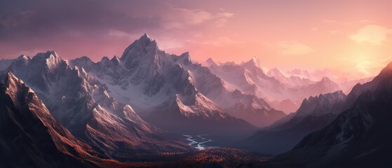 Aerial View from Airplane of Snow Covered Mountain Landscape in Winter. Colorful Pink Sky Art Render. Generative Ai.