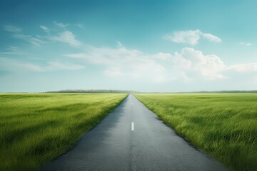 The landscape of grass fields and blue sky road leading off into the distance. Generative Ai.