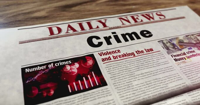 Crime investigation forensic and justice daily newspaper on table. Headlines news abstract concept 3d. 