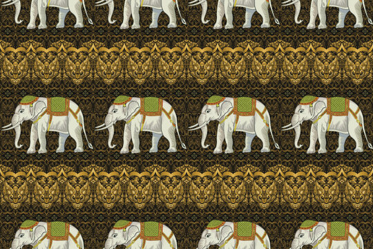 Traditional Ethnic Thai Elephant Pattern on Golden Background.  Seamless pattern design for fabric, carpet, tile, embroidery, wallpaper and background