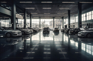 many people parked in a car showroom - obrazy, fototapety, plakaty