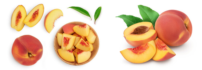 ripe peach isolated on white background. Top view with copy space for your text. Flat lay pattern