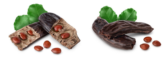 Ripe carob pods and bean isolated on white background with full depth of field