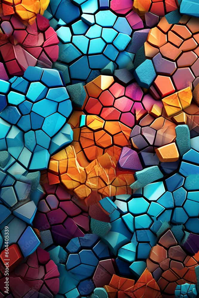 Poster A digital illustration featuring a tessellation of geometric patterns, creating a visually mesmerizing and intricate design.  Generative AI technology.