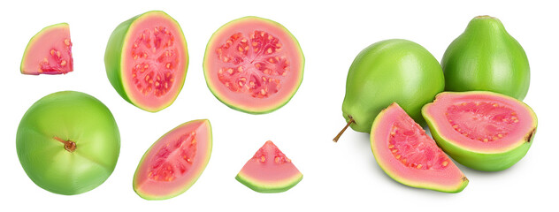 Naklejka premium Guava fruit with slices isolated on white background with full depth of field. Top view. Flat lay