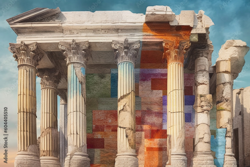 Aufkleber a mixed media collage combining photographs and illustrations to create a contemporary reinterpretat