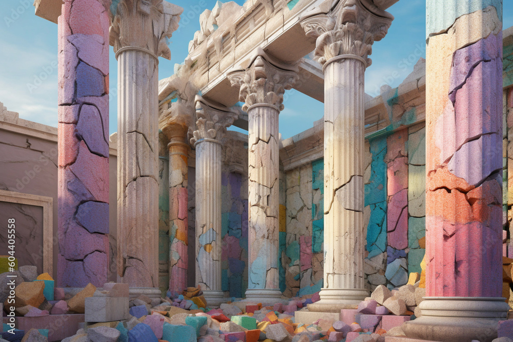 Aufkleber a mixed media installation featuring fragments of greek columns arranged in a contemporary art insta
