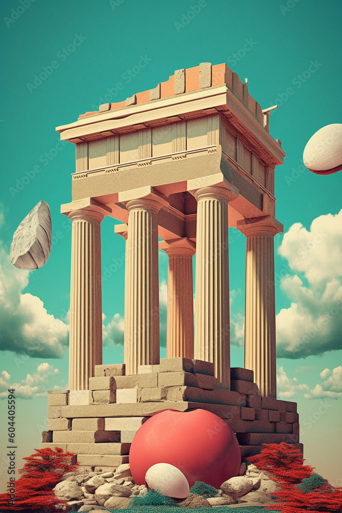 Poster   digital collage combining vintage illustrations of Greek columns with modern elements, creating a whimsical and surreal composition. Generative AI technology.
