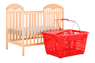 Baby crib, infant bed with shopping basket. 3D rendering - obrazy, fototapety, plakaty