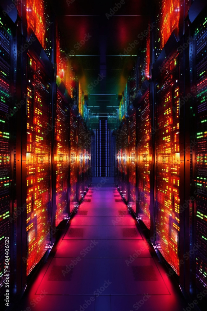 Poster massive scale of a data center housing multiple database servers, emphasizing the importance of reliable and scalable storage solutions. Generative AI technology.