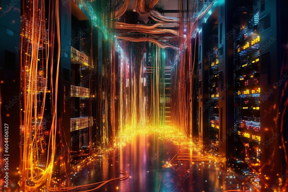 Poster database server depicted as a powerful and dynamic entity, surrounded by streams of data flowing thr