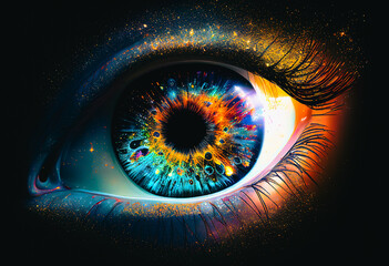 cosmic eye close-up, human eye with eyelashes, big bang reflection in the pupil Generative AI