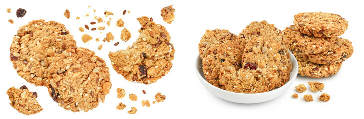 Granola cookie isolated on white background with full depth of field. Top view. Flat lay.