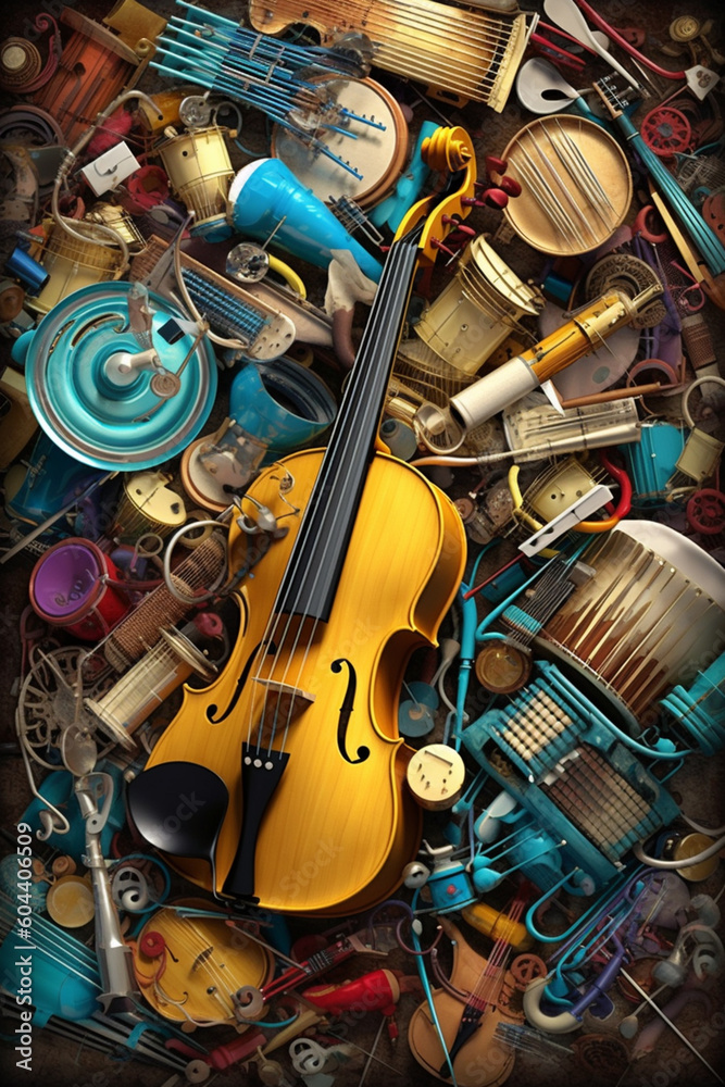 Poster a collage artwork combining musical notes, sheet music, and instrument illustrations, creating a vis