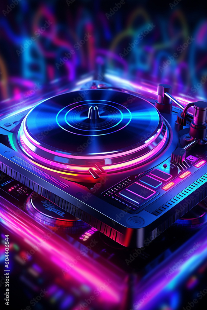 Aufkleber a digital rendering of a dj turntable, with vibrant neon lights and futuristic design, representing 