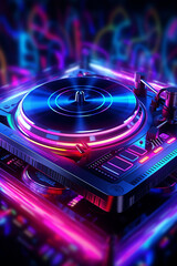 Fototapeta na wymiar A digital rendering of a DJ turntable, with vibrant neon lights and futuristic design, representing the art of mixing and electronic music. Generative AI technology.