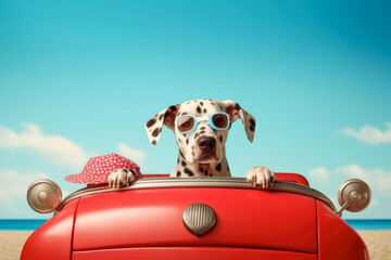 a pet dog wearing sunglasses out of a car window. Generative Ai Illustration.