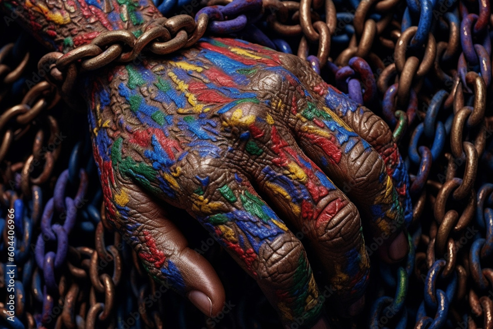 Poster  An artistic representation of a human hand covered in chains, painted with vibrant colors and intricate patterns, symbolizing the strength  Generative AI technology.