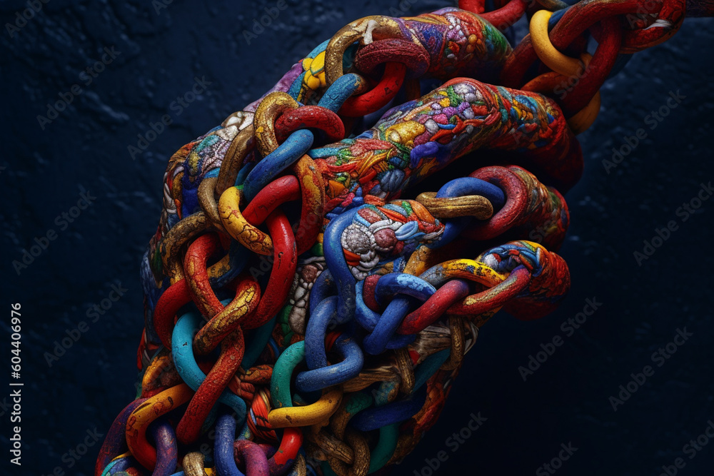 Poster an artistic representation of a human hand covered in chains, painted with vibrant colors and intric