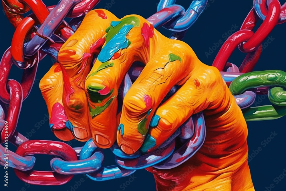 Fototapete  An abstract painting featuring a distorted image of a human hand trapped in chains, using bold colors and unconventional forms Generative AI technology.