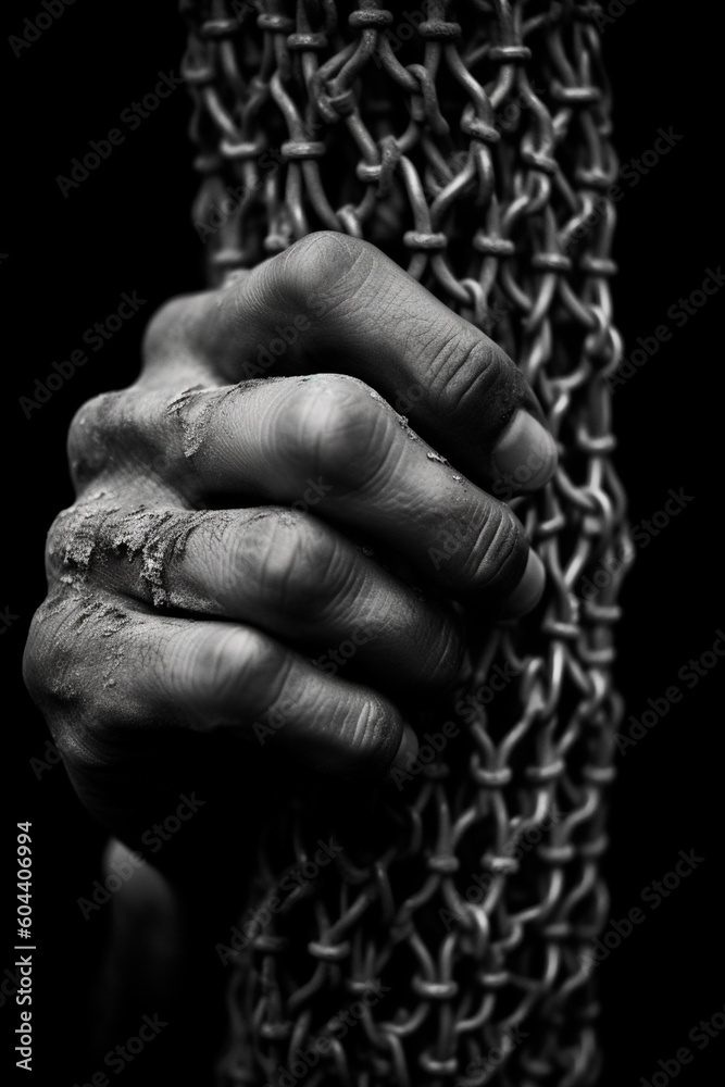 Poster a black and white photograph of a person's hand reaching out from behind a lattice of chains, genera