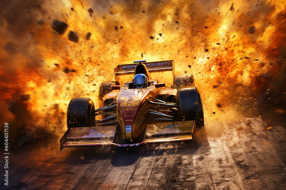 Poster a digital artwork featuring a racing car engulfed in a burst of flames, generative ai technology.