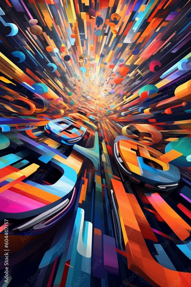 Poster an abstract painting featuring bold geometric shapes and vibrant colors, representing the energy and