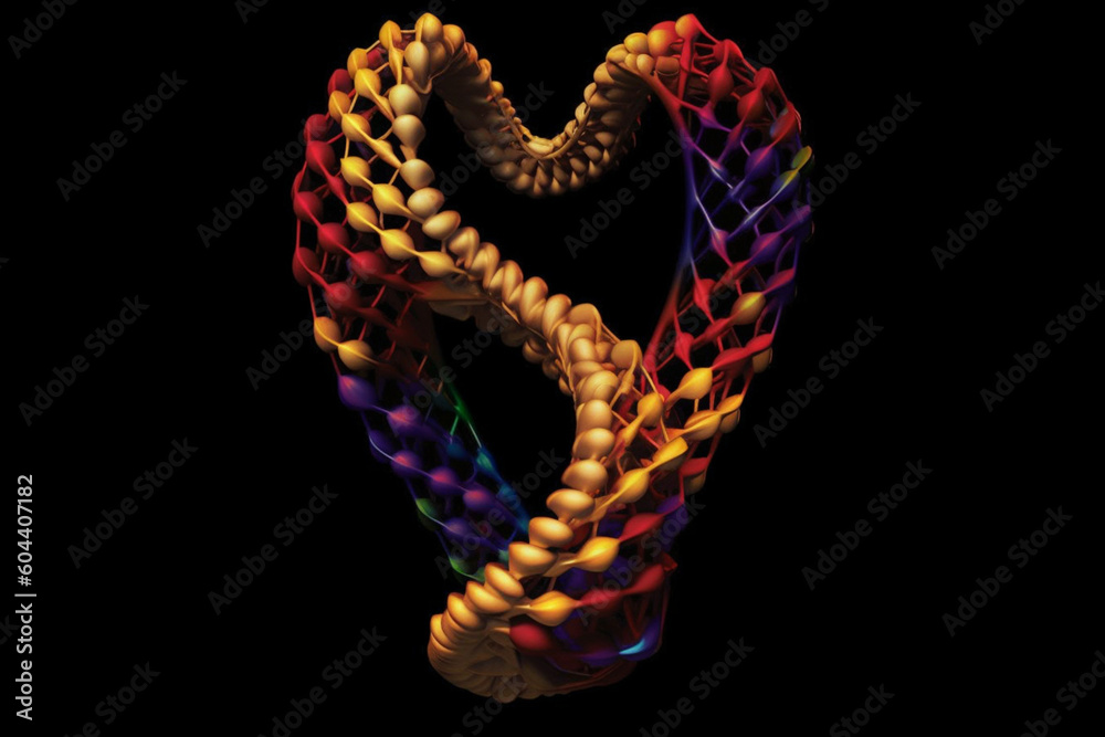 Poster a digital artwork depicting two dna strands intertwining and forming a heart shape, generative ai te