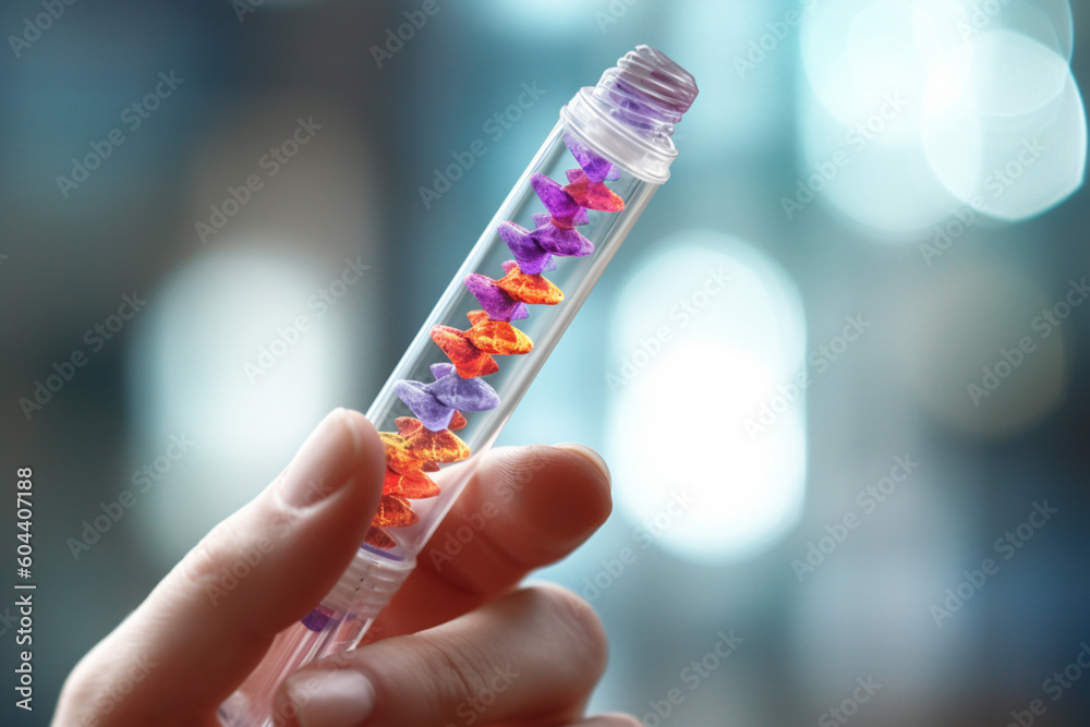 Poster a close-up photograph of a scientist's gloved hand holding a test tube containing a dna sample, gene