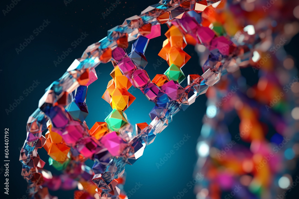 Poster an artistic rendering of a dna molecule made of colorful abstract shapes, evoking a sense of wonder 
