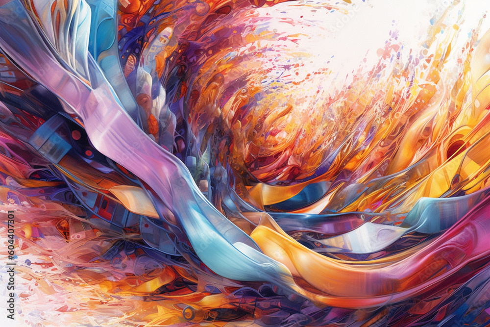 Poster an abstract painting featuring vibrant brushstrokes and flowing lines resembling a dna molecule, gen