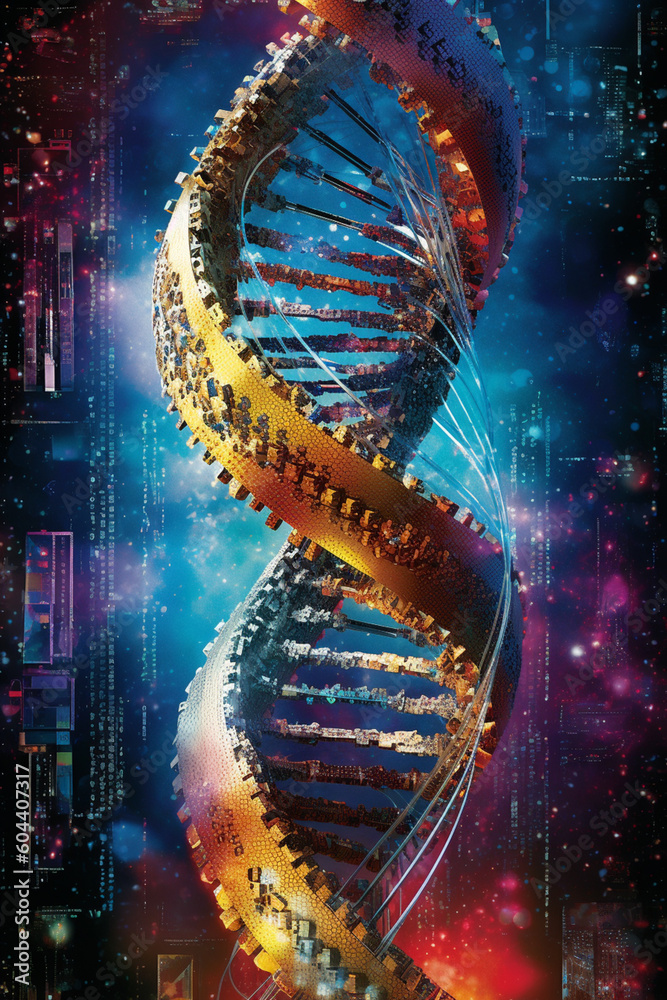 Aufkleber  A composite image combining a DNA helix and a circuit board, merging biology and technology to symbolize Generative AI technology.