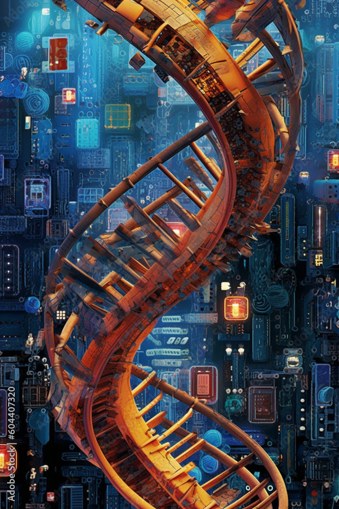 Poster  A composite image combining a DNA helix and a circuit board, merging biology and technology to symbolize Generative AI technology.