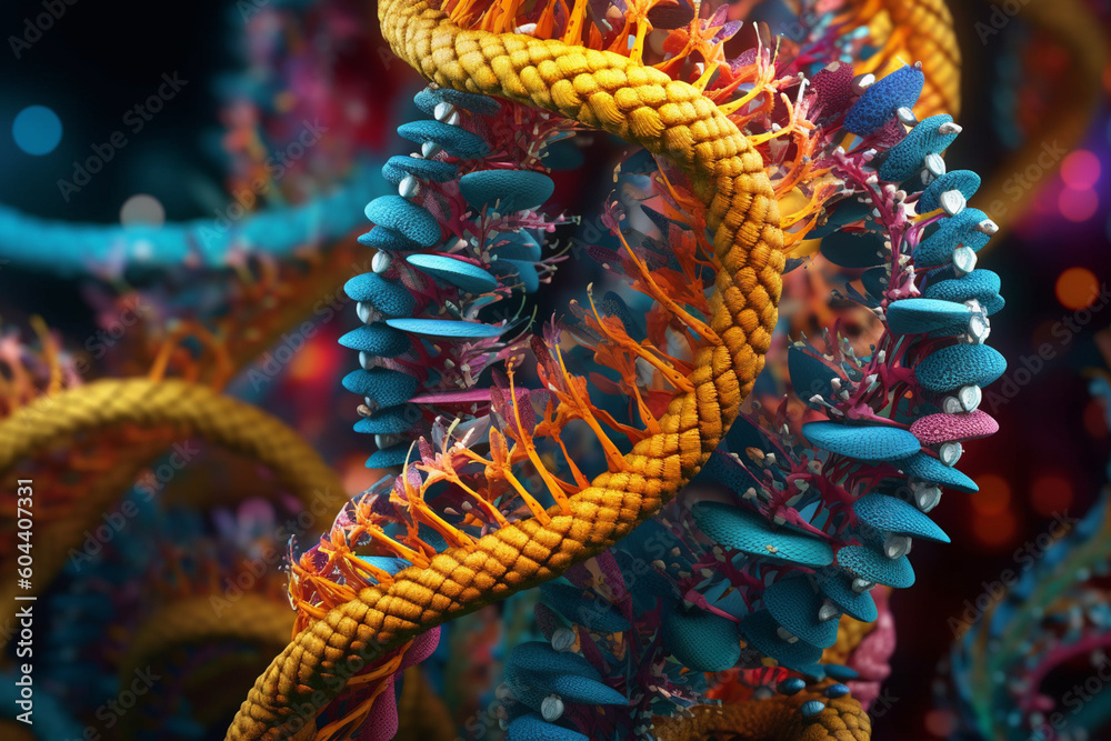 Poster  An artistic representation of a DNA molecule composed of intricate patterns and symbols from various cultures,  Generative AI technology.