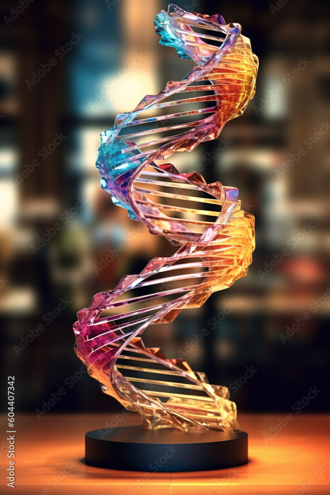 Poster an abstract sculpture of intertwined metal wires forming a dna helix, combining industrial and biolo