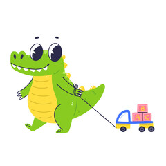 Cute crocodile character playing with a typewriter. Cartoon flat baby crocodile. Vector isolated illustration.